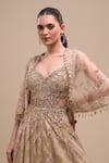 Azeera_Beige Net Sequins, Beads Sweetheart , Open Embroidered Gown With Cape _at_Aza_Fashions