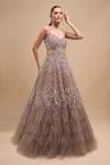 Azeera_Gray Net Sequins, Embroidery V-neck Ball Gown _Online_at_Aza_Fashions