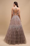 Shop_Azeera_Gray Net Sequins, Embroidery V-neck Ball Gown _at_Aza_Fashions