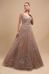 Azeera_Mauve Net Sequins, Beads V-neck Work Ball Gown _Online_at_Aza_Fashions