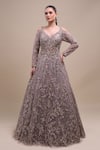 Buy_Azeera_Gray Net Sequins, Embroidery V-neck Full Sleeve Gown _at_Aza_Fashions