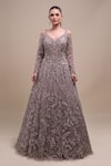 Shop_Azeera_Gray Net Sequins, Embroidery V-neck Full Sleeve Gown _Online_at_Aza_Fashions