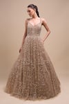 Azeera_Peach Net Sequins, Embroidery V-neck Gown _at_Aza_Fashions