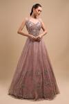 Buy_Azeera_Peach Net Sequins, Embroidery V-neck Flared Gown _at_Aza_Fashions