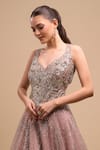 Shop_Azeera_Peach Net Sequins, Embroidery V-neck Flared Gown _Online_at_Aza_Fashions