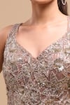 Azeera_Peach Net Sequins, Embroidery V-neck Flared Gown _at_Aza_Fashions