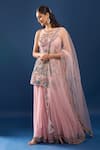 Shop_Azeera_Pink Net, Georgette Embroidery, Sequins, Zari Round Neck Kurta Sharara Set _Online_at_Aza_Fashions