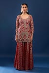 Shop_Azeera_Red Net, Georgette Embroidery, Sequins, Zari Leaf Neck Kurta Sharara Set _Online_at_Aza_Fashions