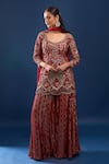 Buy_Azeera_Red Net, Georgette Embroidery, Sequins, Zari Leaf Neck Kurta Sharara Set _at_Aza_Fashions