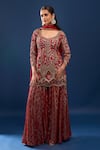 Azeera_Red Net, Georgette Embroidery, Sequins, Zari Leaf Neck Kurta Sharara Set _at_Aza_Fashions