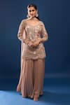 Buy_Azeera_Peach Net, Georgette Embroidery, Sequins Leaf Neck Kurta Sharara Set _at_Aza_Fashions