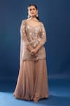 Azeera_Peach Net, Georgette Embroidery, Sequins Leaf Neck Kurta Sharara Set _Online_at_Aza_Fashions