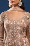 Shop_Azeera_Peach Net, Georgette Embroidery, Sequins Leaf Neck Kurta Sharara Set _Online_at_Aza_Fashions