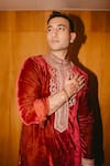 Shop Punit Balana Red Velvet, Cotton, Lycra Embroidery Kurta And Trouser Set Shop_Punit Balana_Red Velvet, Cotton, Lycra Embroidery Kurta And Trouser Set