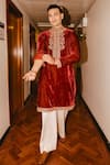 Punit Balana Red Velvet, Cotton, Lycra Embroidery Kurta And Trouser Set Online Punit Balana_Red Velvet, Cotton, Lycra Embroidery Kurta And Trouser Set _Online