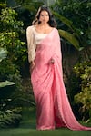 Shop_Aza X Shilpa Shetty Kundra_Pink Georgette, Silk Satin, Animal Swirl Print Saree With Puff Sleeve Blouse _Online_at_Aza_Fashions
