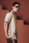 Saphed_Beige Cotton, Linen Embroidery Coffee Chintz Print Shirt Set _Online_at_Aza_Fashions
