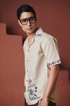 Shop_Saphed_Beige Cotton, Linen Embroidery Coffee Chintz Print Shirt Set _Online_at_Aza_Fashions