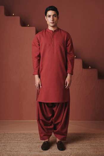 Saphed_Red Cotton, Linen Brick Dhoti Pant Kurta Set _Online_at_Aza_Fashions