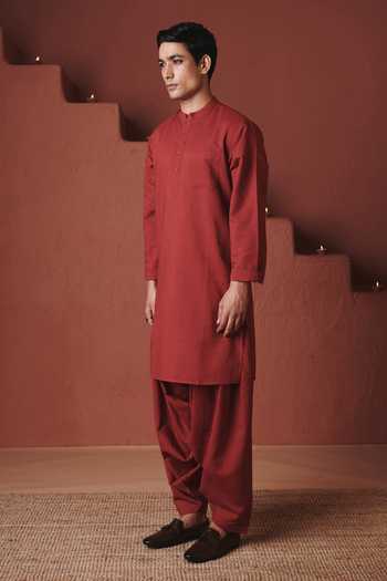 Buy_Saphed_Red Cotton, Linen Brick Dhoti Pant Kurta Set _Online_at_Aza_Fashions