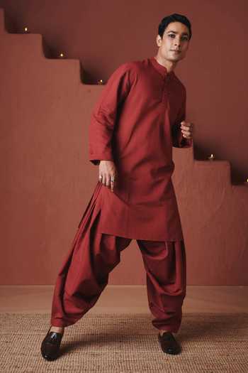Shop_Saphed_Red Cotton, Linen Brick Dhoti Pant Kurta Set _Online_at_Aza_Fashions