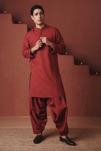 Saphed_Red Cotton, Linen Brick Dhoti Pant Kurta Set _at_Aza_Fashions