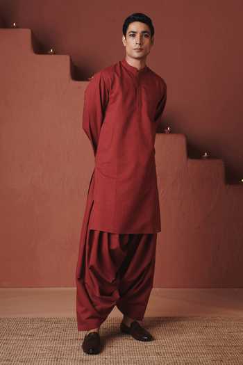 Buy_Saphed_Red Cotton, Linen Brick Dhoti Pant Kurta Set _at_Aza_Fashions