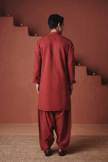 Shop_Saphed_Red Cotton, Linen Brick Dhoti Pant Kurta Set _at_Aza_Fashions