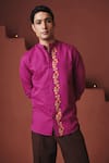 Buy_Saphed_Purple Cotton, Linen Embroidery Orchid Slim Fit Shirt _at_Aza_Fashions
