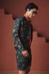 Saphed_Green Cotton, Linen Paan Chintz Print Trucker Jacket Set _at_Aza_Fashions