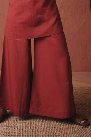 Buy_Saphed_Red Cotton, Linen Brick Saif Kurta Set _Online_at_Aza_Fashions