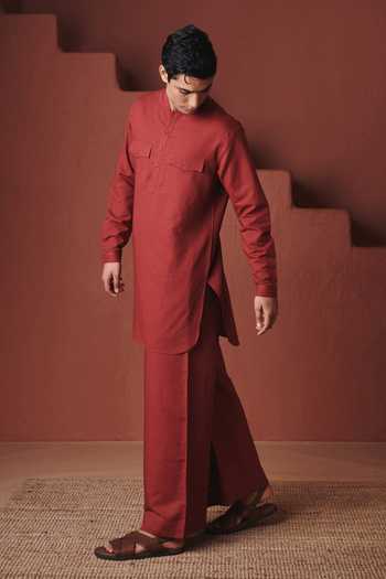 Shop_Saphed_Red Cotton, Linen Brick Saif Kurta Set _Online_at_Aza_Fashions