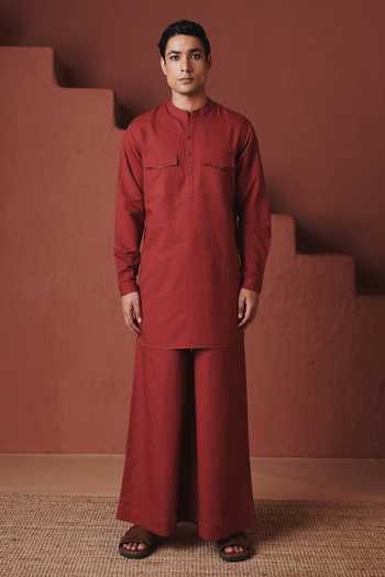 Saphed_Red Cotton, Linen Brick Saif Kurta Set _at_Aza_Fashions