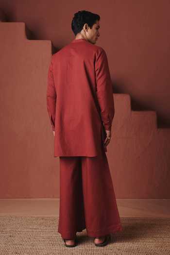 Shop_Saphed_Red Cotton, Linen Brick Saif Kurta Set _at_Aza_Fashions