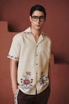 Buy_Saphed_Beige Cotton, Linen Embroidery Chintz Print Camp Collar Shirt _at_Aza_Fashions