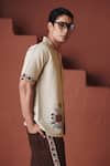 Saphed_Beige Cotton, Linen Embroidery Chintz Print Camp Collar Shirt _Online_at_Aza_Fashions