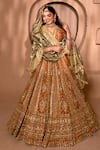 Buy_Amaltas Couture_Orange Tissue Embroidery, Sequins, Stones, Zari V-neck Rust Bridal Lehenga Set _at_Aza_Fashions