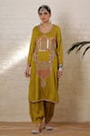 Buy_Sheeshakari_Mustard Silk Embroidery, Mirrors, Beads, Zari Minar Motif Hand Kurta Salwar Set _at_Aza_Fashions