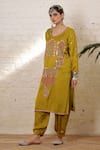 Buy_Sheeshakari_Mustard Silk Embroidery, Mirrors, Beads, Zari Minar Motif Hand Kurta Salwar Set _Online_at_Aza_Fashions