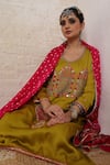 Shop_Sheeshakari_Mustard Silk Embroidery, Mirrors, Beads, Zari Minar Motif Hand Kurta Salwar Set _Online_at_Aza_Fashions