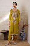 Buy_Sheeshakari_Mustard Silk Embroidery, Mirrors, Paisley Work Kurta Salwar And Bandhani Dupatta 