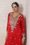 Sheeshakari_Red Silk Embroidery, Mirrors, Beads, Zari V-neck Paisley Work Kurta Salwar Set _Online_at_Aza_Fashions