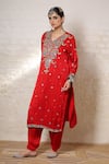 Shop_Sheeshakari_Red Silk Embroidery, Mirrors, Beads, Zari V-neck Paisley Work Kurta Salwar Set _Online_at_Aza_Fashions