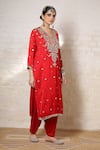 Sheeshakari_Red Silk Embroidery, Mirrors, Beads, Zari V-neck Paisley Work Kurta Salwar Set _at_Aza_Fashions