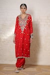 Buy_Sheeshakari_Red Silk Embroidery, Mirrors, Beads, Zari V-neck Paisley Work Kurta Salwar Set 