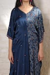 Sheeshakari_Blue Silk Mirrors, Embroidery, Beads V-neck Ajrakh Hand Print Kaftan _Online_at_Aza_Fashions