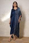 Shop_Sheeshakari_Blue Silk Mirrors, Embroidery, Beads V-neck Ajrakh Hand Print Kaftan _at_Aza_Fashions