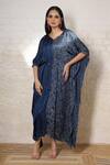 Buy_Sheeshakari_Blue Silk Mirrors, Embroidery, Beads V-neck Ajrakh Hand Print Kaftan _at_Aza_Fashions