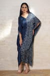 Buy_Sheeshakari_Blue Silk Mirrors, Embroidery, Beads V-neck Ajrakh Hand Print Kaftan _Online_at_Aza_Fashions