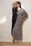 Sheeshakari_Black Silk Mirrors, Embroidery, Beads V-neck Ajrakh Hand Printed And Kaftan _at_Aza_Fashions